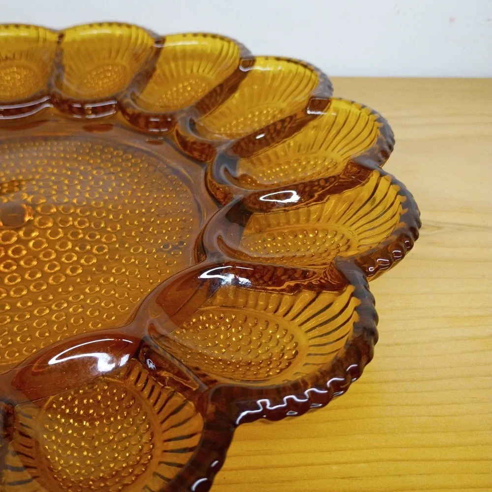 Indiana Glass Deviled Egg Plate Vintage Amber Hobnail 11